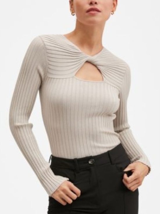 Mango Tops - Mango Cream Ribbed Twist Keyhole Long Sleeve Top Size S Shell Viscose